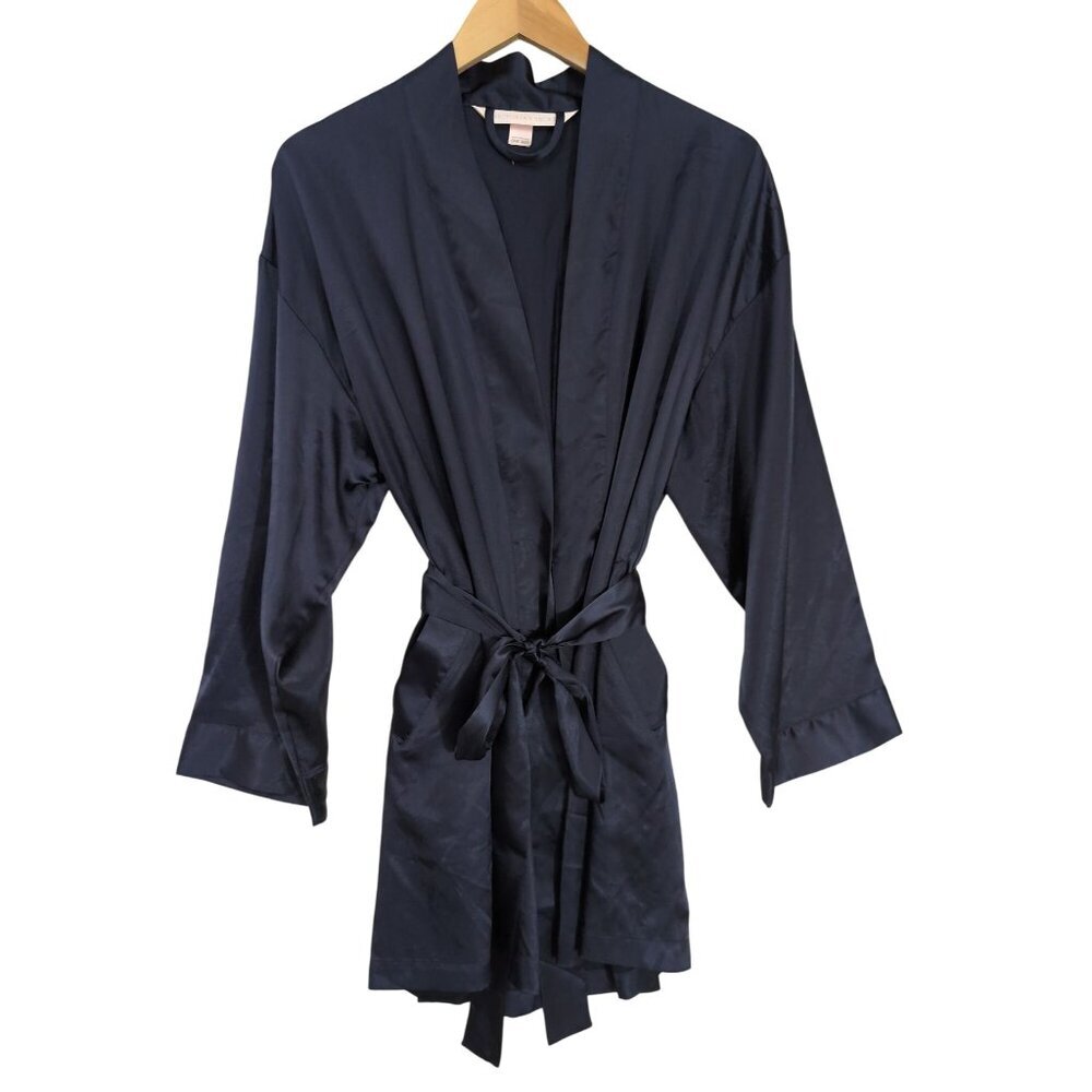Victorias Secret Short Satin Robe Womens OS Blue Long Sleeve Tie Front Pockets